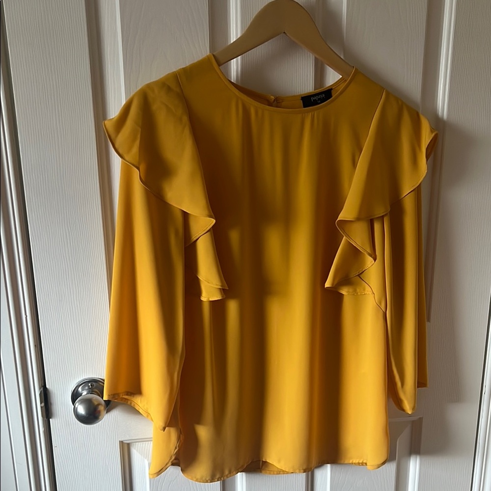 Papaya Yellow Ruffled Blouse with Long Sleeves